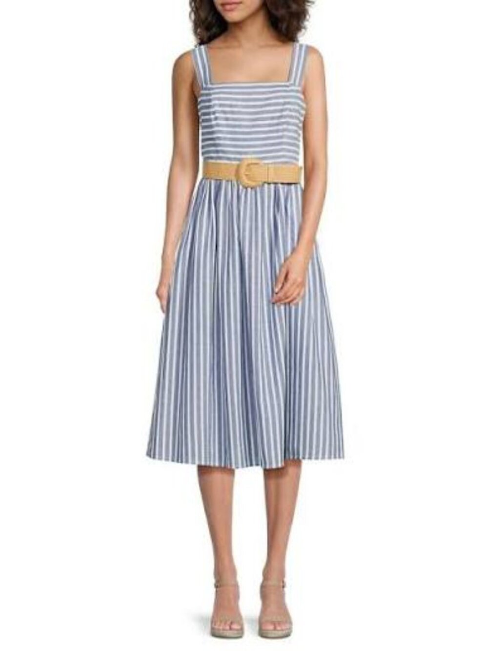 Eliza J Missy Striped Cotton Midi Dress Blue Stripe w Belt Size 14